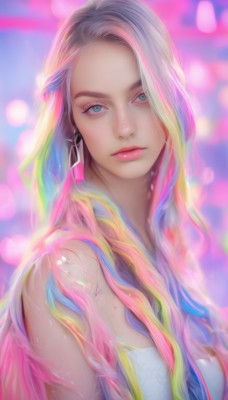 1girl,solo,long hair,breasts,looking at viewer,blue eyes,blonde hair,bare shoulders,jewelry,medium breasts,closed mouth,blue hair,upper body,pink hair,multicolored hair,earrings,blurry,two-tone hair,lips,makeup,blurry background,eyeshadow,realistic,nose,rainbow hair,artist name,streaked hair,eyelashes,tattoo,depth of field,watermark,web address,freckles,pink lips,bokeh,colorful,mascara