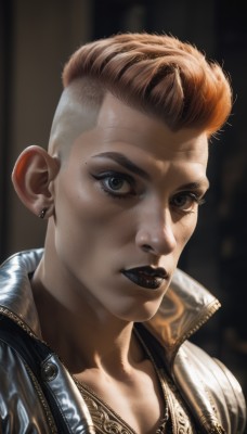 1girl,solo,looking at viewer,short hair,brown hair,brown eyes,jewelry,closed mouth,jacket,earrings,necklace,orange hair,mole,black eyes,lips,eyelashes,makeup,piercing,lipstick,ear piercing,portrait,freckles,realistic,nose,stud earrings,very short hair,leather,undercut,leather jacket,mascara,black lips,mole under eye,scar,eyeshadow,mohawk