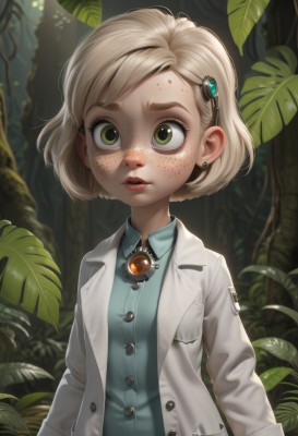 1girl,solo,looking at viewer,short hair,open mouth,blonde hair,shirt,hair ornament,long sleeves,jewelry,green eyes,jacket,upper body,earrings,outdoors,parted lips,open clothes,teeth,hairclip,collared shirt,tree,lips,buttons,leaf,blue shirt,plant,gem,child,nature,forest,freckles,wide-eyed,labcoat,female child,stud earrings,artist name,aged down,brooch,nose