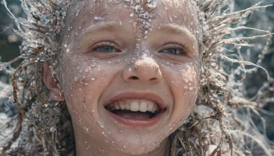 1girl,solo,long hair,looking at viewer,smile,open mouth,blue eyes,brown hair,teeth,water,blurry,lips,wet,depth of field,blurry background,portrait,close-up,realistic,tongue,grey eyes,eyelashes,crown