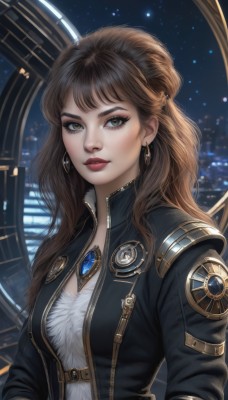 1girl,solo,long hair,breasts,looking at viewer,bangs,brown hair,long sleeves,brown eyes,jewelry,medium breasts,jacket,upper body,earrings,open clothes,sky,open jacket,lips,black jacket,grey eyes,eyelashes,makeup,night,lipstick,gem,night sky,nose,clock,red lips,leather,shirt,star (sky),science fiction,realistic,mascara