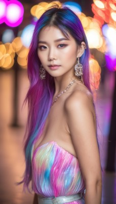 1girl,solo,long hair,breasts,looking at viewer,black hair,dress,bare shoulders,brown eyes,jewelry,closed mouth,blue hair,upper body,purple hair,multicolored hair,earrings,belt,artist name,necklace,blurry,black eyes,from side,two-tone hair,lips,looking to the side,strapless,gradient hair,makeup,depth of field,blurry background,watermark,strapless dress,web address,freckles,realistic,nose,bokeh,medium breasts,purple eyes,eyelashes,piercing,eyeshadow,mascara