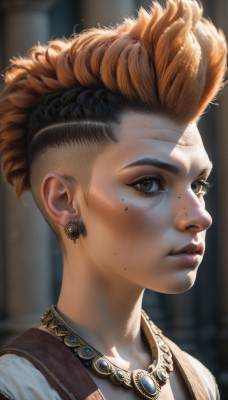 1girl,solo,looking at viewer,short hair,brown hair,black hair,1boy,brown eyes,jewelry,closed mouth,male focus,multicolored hair,earrings,artist name,necklace,orange hair,mole,blurry,vest,two-tone hair,lips,eyelashes,mole under eye,blurry background,portrait,freckles,realistic,nose,undercut