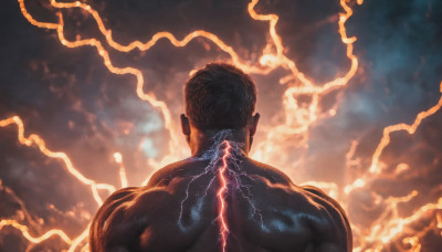 solo, black hair, 1boy, upper body, male focus, dark skin, from behind, muscular, back, electricity, facing away, lightning