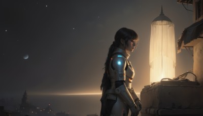 1girl,solo,long hair,black hair,gloves,braid,outdoors,sky,armor,from side,lips,single braid,bodysuit,profile,night,moon,helmet,building,star (sky),starry sky,backlighting,science fiction,city,ruins,crescent moon,power armor,helmet removed,holding,closed eyes,scenery,headwear removed,cable,holding helmet