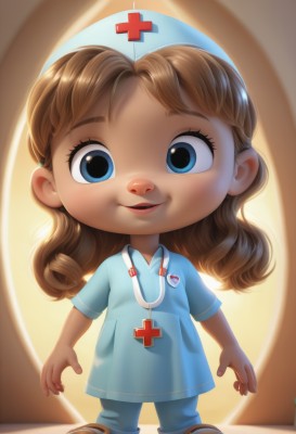 1girl,solo,long hair,looking at viewer,smile,open mouth,blue eyes,brown hair,shirt,hat,standing,full body,short sleeves,parted lips,shoes,pants,lips,cross,blue shirt,child,nurse cap,blue pants,female child,nurse,stethoscope,red cross,bangs,dress,chibi,eyelashes,blue dress,name tag,kindergarten uniform