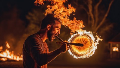 solo,short hair,open mouth,black hair,1boy,holding,upper body,male focus,outdoors,japanese clothes,blurry,from side,profile,night,depth of field,blurry background,facial hair,fire,instrument,beard,music,playing instrument,orange theme,burning,blowing,shirt,tree,parody,meme,realistic,very short hair,fine art parody