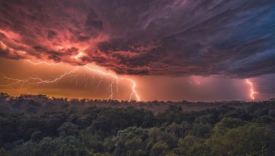 outdoors,sky,cloud,tree,no humans,cloudy sky,nature,scenery,forest,sunset,mountain,electricity,lightning,landscape,red sky