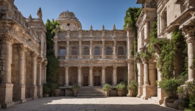 outdoors,sky,day,tree,blue sky,no humans,window,plant,building,scenery,stairs,potted plant,ruins,pillar,statue,arch,column,stone stairs,grass,fantasy,road,bush,architecture,pavement