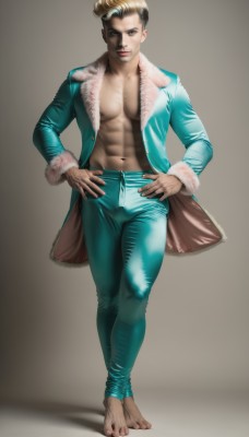 solo,looking at viewer,short hair,blonde hair,simple background,1boy,navel,brown eyes,standing,jacket,full body,male focus,multicolored hair,open clothes,barefoot,pants,two-tone hair,open jacket,lips,coat,fur trim,muscular,abs,pectorals,hands on hips,open coat,realistic,blue pants,brown hair,artist name,manly,green pants