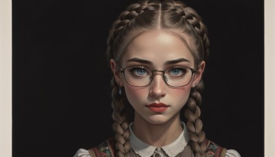 1girl,solo,long hair,looking at viewer,blue eyes,simple background,brown hair,shirt,jewelry,closed mouth,white shirt,braid,earrings,glasses,collared shirt,twin braids,lips,makeup,lipstick,black background,portrait,freckles,black-framed eyewear,realistic,round eyewear,red lips,blush,eyelashes,border,thick eyebrows,forehead,nose