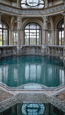 day,indoors,water,tree,no humans,window,sunlight,plant,building,scenery,reflection,stairs,railing,clock,architecture,bridge,pillar,church,arch,column,sky,fantasy