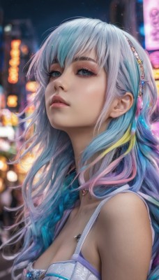 1girl,solo,long hair,breasts,looking at viewer,bangs,blue eyes,dress,cleavage,bare shoulders,jewelry,medium breasts,closed mouth,blue hair,collarbone,upper body,multicolored hair,hairband,outdoors,sky,sleeveless,artist name,necklace,blurry,from side,two-tone hair,lips,grey eyes,eyelashes,makeup,night,depth of field,blurry background,night sky,realistic,nose,hair ornament,underwear,pink hair,grey hair,parted lips,choker,bra,streaked hair,watermark,gem,web address,white bra,bokeh,city lights