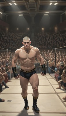 looking at viewer,short hair,gloves,1boy,navel,underwear,nipples,full body,weapon,male focus,thighs,boots,multiple boys,shorts,solo focus,black gloves,socks,indoors,fingerless gloves,black footwear,muscular,facial hair,thick thighs,black shorts,abs,sunglasses,thick eyebrows,pectorals,muscular male,bara,clenched hands,large pectorals,6+boys,bulge,topless male,bald,very short hair,manly,male underwear,chest hair,biceps,crowd,wrestling outfit,wrestling ring,army,holding,closed mouth,standing,white hair,artist name,realistic,stage