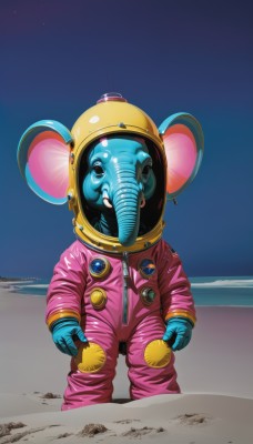 solo,gloves,animal ears,standing,outdoors,sky,teeth,black eyes,cosplay,colored skin,helmet,star (sky),1other,zipper,realistic,mouse ears,sand,blue skin,space,zipper pull tab,planet,ambiguous gender,spacesuit,buck teeth,space helmet,astronaut,signature,no humans,moon,2020,desert