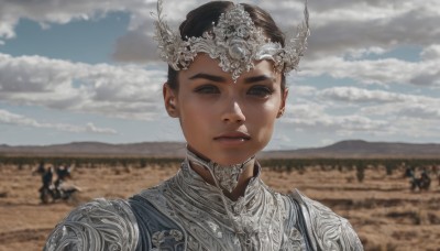 1girl,looking at viewer,short hair,brown hair,black hair,jewelry,upper body,earrings,outdoors,parted lips,sky,teeth,solo focus,day,cloud,armor,blurry,black eyes,blue sky,lips,grey eyes,depth of field,blurry background,cloudy sky,shoulder armor,portrait,breastplate,realistic,multiple others,chainmail,army,solo,brown eyes