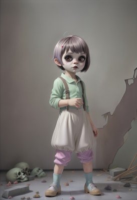 1girl,solo,looking at viewer,short hair,brown hair,shirt,hair ornament,red eyes,long sleeves,brown eyes,standing,full body,ahoge,parted lips,shoes,shorts,socks,hairclip,collared shirt,pants,nail polish,blood,buttons,brown footwear,suspenders,child,skull,white shorts,green shirt,female child,puffy shorts,lips,facepaint