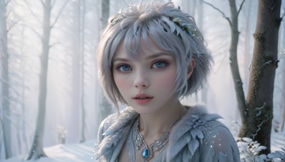 1girl,solo,looking at viewer,short hair,bangs,blue eyes,hair ornament,jewelry,collarbone,upper body,flower,white hair,outdoors,parted lips,teeth,day,artist name,necklace,blurry,tree,lips,fur trim,eyelashes,depth of field,blurry background,tiara,gem,portrait,nature,snow,pendant,forest,snowing,realistic,nose,winter,bare tree,blush,grey hair,makeup,white flower