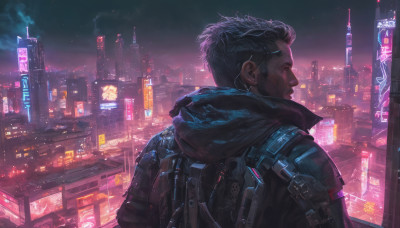 solo, black hair, 1boy, jacket, upper body, male focus, sky, from behind, night, facial hair, science fiction, city, realistic, cityscape, undercut, cyberpunk, neon lights