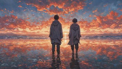 short hair,black hair,long sleeves,standing,jacket,male focus,outdoors,multiple boys,sky,pants,cloud,hood,2boys,water,from behind,coat,hoodie,ocean,black pants,sunlight,white jacket,hood down,cloudy sky,scenery,hooded jacket,wading,reflection,walking,sunset,arms at sides,horizon,facing away,ripples,brothers,twilight,reflective water,pants rolled up