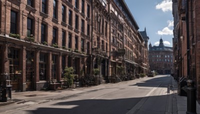 outdoors,sky,day,cloud,tree,blue sky,no humans,window,shadow,cloudy sky,ground vehicle,building,scenery,motor vehicle,city,sign,car,road,cityscape,lamppost,street,skyscraper,pavement,crosswalk,real world location,vanishing point,plant,potted plant,bush,architecture,tower,arch