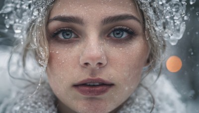 1girl,solo,looking at viewer,blue eyes,brown hair,hair ornament,parted lips,teeth,blurry,lips,grey eyes,eyelashes,thick eyebrows,portrait,snow,close-up,snowing,realistic,nose,winter,blonde hair,water,floating hair,depth of field,water drop,straight-on