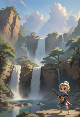 link,solo,blonde hair,gloves,1boy,holding,jewelry,closed mouth,standing,ponytail,weapon,male focus,earrings,boots,outdoors,sky,day,pointy ears,sword,cloud,water,chibi,tree,blue sky,sandals,sheath,instrument,nature,scenery,rock,music,guitar,playing instrument,holding instrument,waterfall,tunic,cliff,1girl,long hair,armor,sheathed