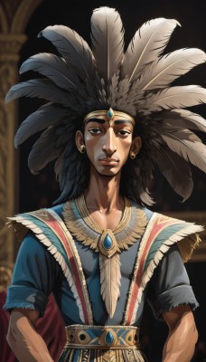 solo,long hair,looking at viewer,brown hair,black hair,1boy,brown eyes,jewelry,upper body,male focus,earrings,dark skin,blurry,black eyes,lips,blurry background,dark-skinned male,feathers,headdress,feather hair ornament,hair ornament,closed mouth,short sleeves,gem,circlet