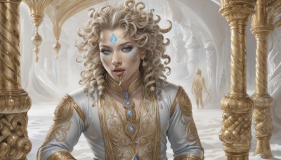 1girl,solo,long hair,looking at viewer,blue eyes,blonde hair,long sleeves,1boy,jewelry,standing,upper body,weapon,male focus,earrings,parted lips,multiple boys,solo focus,sword,necklace,lips,eyelashes,makeup,facial mark,gem,snow,curly hair,forehead mark,facial tattoo,forehead jewel,pillar,statue,holding,choker,armor,wavy hair,realistic