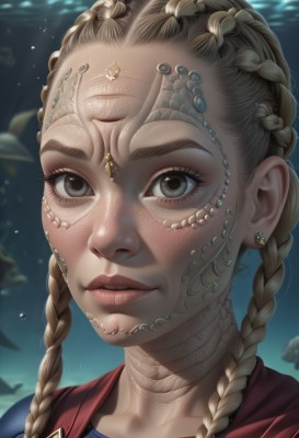 1girl,solo,long hair,looking at viewer,blonde hair,brown hair,brown eyes,jewelry,braid,earrings,parted lips,artist name,blurry,twin braids,lips,grey eyes,eyelashes,blurry background,watermark,portrait,close-up,freckles,circlet,underwater,realistic,nose,shirt,closed mouth,signature,facial mark,hair over shoulder,forehead