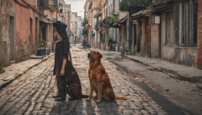 1girl, brown hair, hat, outdoors, day, animal, plant, building, scenery, walking, dog, city, road, street, alley, pavement, vanishing point