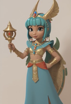 1girl,solo,breasts,looking at viewer,smile,short hair,bangs,skirt,simple background,holding,brown eyes,jewelry,closed mouth,blue hair,standing,weapon,sidelocks,small breasts,midriff,dark skin,blunt bangs,necklace,armor,black eyes,bracelet,dark-skinned female,lips,blue skirt,hand on hip,aqua hair,makeup,bob cut,tiara,staff,gem,armlet,brown background,shield,long skirt,headpiece,holding staff,eyeliner,bracer,neck ring,holding shield,egyptian,egyptian clothes,gorget,long hair,hair ornament,white background,green hair,artist name,hand up,crop top,eyelashes