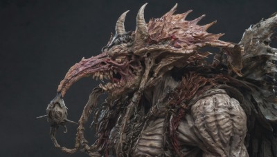 solo,open mouth,simple background,red eyes,1boy,upper body,horns,teeth,cape,armor,gradient,gradient background,no humans,sharp teeth,spikes,veins,monster,holding,weapon,male focus,tongue,sword,holding weapon,from side,chain,holding sword,black background,claws,horror (theme),eldritch abomination