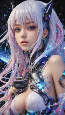 1girl,solo,long hair,breasts,looking at viewer,bangs,blue eyes,gloves,cleavage,bare shoulders,jewelry,medium breasts,upper body,pink hair,white hair,multicolored hair,earrings,parted lips,shiny,lips,clothing cutout,eyelashes,makeup,headgear,hand on own chest,science fiction,nose,mascara,blue hair,realistic,android