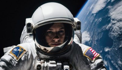 1girl,solo,looking at viewer,smile,black hair,upper body,black eyes,helmet,reflection,realistic,space,planet,earth (planet),american flag,spacesuit,astronaut,blue eyes,1boy,closed mouth,male focus,science fiction,japanese flag,space helmet