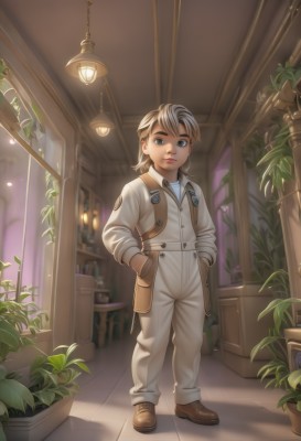 1girl,solo,looking at viewer,short hair,blue eyes,blonde hair,shirt,long sleeves,twintails,closed mouth,standing,full body,white shirt,shoes,pants,indoors,lips,window,buttons,brown footwear,suspenders,plant,child,hands in pockets,female child,potted plant,light,overalls,brown hair,1boy,male focus,book,thick eyebrows,aged down,web address,hand in pocket,realistic,nose,lamp,male child,shelf,jumpsuit