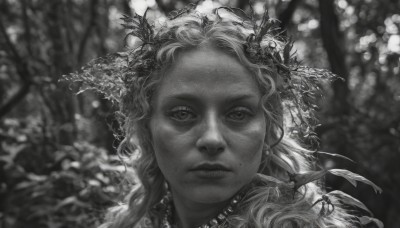 1girl,solo,long hair,looking at viewer,hair ornament,jewelry,closed mouth,monochrome,greyscale,earrings,necklace,blurry,lips,depth of field,blurry background,leaf,wavy hair,expressionless,plant,portrait,nature,realistic,flower,outdoors,mole,tree,sunlight,mole under mouth,forest,mole on cheek