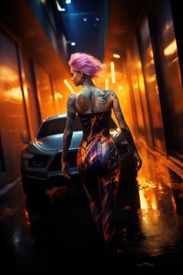 1girl,solo,looking at viewer,short hair,jewelry,standing,pink hair,ass,nude,earrings,looking back,dark skin,from behind,dark-skinned female,bodysuit,tattoo,makeup,night,back,piercing,ground vehicle,motor vehicle,science fiction,car,arm tattoo,cyborg,cyberpunk,back tattoo,sports car,full-body tattoo,breasts,lips,reflection,nose,stud earrings,very short hair,undercut,neon lights