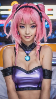 1girl,solo,breasts,looking at viewer,smile,bangs,blue eyes,cleavage,bare shoulders,jewelry,medium breasts,closed mouth,collarbone,upper body,pink hair,hairband,earrings,midriff,necklace,blurry,twin braids,covered nipples,two side up,lips,crop top,makeup,blurry background,headphones,drill hair,freckles,realistic,nose,arm strap,long hair,twintails,detached collar,armband