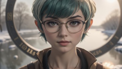 1girl,solo,looking at viewer,short hair,bangs,brown eyes,jewelry,closed mouth,blue hair,earrings,outdoors,green hair,glasses,artist name,necklace,blurry,tree,lips,eyelashes,aqua hair,depth of field,blurry background,portrait,snow,freckles,black-framed eyewear,realistic,nose,round eyewear,brown-framed eyewear,green eyes,jacket,thick eyebrows,semi-rimless eyewear,close-up,brown jacket,stud earrings