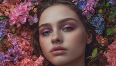 1girl, solo, long hair, looking at viewer, blue eyes, brown hair, flower, parted lips, lips, eyelashes, makeup, portrait, pink flower, eyeshadow, freckles, blue flower, realistic, nose