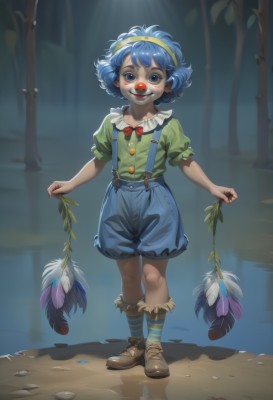 1girl,solo,looking at viewer,smile,short hair,blue eyes,shirt,bow,holding,blue hair,standing,full body,short sleeves,hairband,outdoors,frills,shoes,shorts,socks,striped,puffy sleeves,bowtie,red bow,puffy short sleeves,kneehighs,brown footwear,suspenders,feathers,red bowtie,child,blue shorts,green shirt,overalls,suspender shorts,striped socks,puffy shorts,clown,open mouth,flower,teeth,leaf,holding flower,facepaint