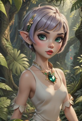 1girl,solo,breasts,looking at viewer,short hair,bangs,hair ornament,dress,cleavage,bare shoulders,jewelry,green eyes,collarbone,upper body,flower,grey hair,earrings,small breasts,outdoors,parted lips,sleeveless,day,pointy ears,artist name,hair flower,necklace,white dress,tree,lips,eyelashes,makeup,leaf,tank top,plant,elf,gem,nature,pendant,forest,freckles,nose,red lips,mascara,blush