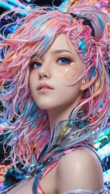 1girl,solo,long hair,breasts,looking at viewer,bangs,blue eyes,hair ornament,bare shoulders,medium breasts,upper body,pink hair,multicolored hair,parted lips,teeth,blurry,lips,eyelashes,makeup,floating hair,blurry background,portrait,zipper,science fiction,realistic,nose,cyberpunk,blue hair,ponytail,from side