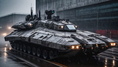 weapon,outdoors,gun,military,no humans,ground vehicle,building,motor vehicle,science fiction,rain,military vehicle,car,road,tank,vehicle focus,caterpillar tracks,truck,water,robot,realistic,spacecraft,lights,radio antenna