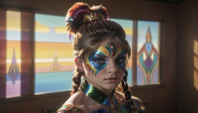 1girl,solo,long hair,looking at viewer,bangs,brown hair,hair ornament,bare shoulders,brown eyes,jewelry,collarbone,braid,earrings,parted lips,artist name,indoors,blurry,twin braids,lips,window,makeup,mask,blurry background,feathers,gem,portrait,eyeshadow,nose,feather hair ornament,facepaint,blue eyes,black hair,facial mark,lipstick,backlighting,realistic,forehead jewel