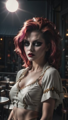 1girl,solo,long hair,breasts,looking at viewer,shirt,navel,cleavage,jewelry,medium breasts,collarbone,white shirt,upper body,short sleeves,red hair,multicolored hair,earrings,midriff,indoors,necklace,blurry,lips,crop top,eyelashes,makeup,blurry background,chair,piercing,table,lipstick,messy hair,eyeshadow,freckles,curly hair,realistic,red lips,mascara,short hair,brown eyes,artist name,tattoo,instrument,stud earrings