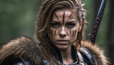 1girl,solo,long hair,looking at viewer,blonde hair,brown hair,closed mouth,green eyes,weapon,teeth,sword,armor,blurry,lips,fur trim,depth of field,blurry background,scar,facial mark,shoulder armor,portrait,forehead mark,realistic,nose,facepaint,fur,weapon on back,messy hair,close-up,freckles,fur collar