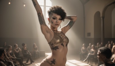 1girl,breasts,looking at viewer,short hair,multiple girls,black hair,navel,brown eyes,jewelry,sitting,underwear,panties,earrings,small breasts,multiple boys,solo focus,midriff,indoors,dark skin,armpits,necklace,bra,arm up,arms up,dark-skinned female,lips,tattoo,makeup,6+girls,6+boys,stretching,arm tattoo,dancing,very short hair,very dark skin,afro,piercing,faceless,faceless male,armpit hair,full-body tattoo