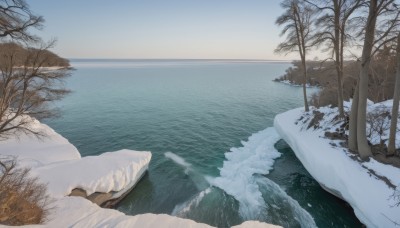 outdoors,sky,day,water,tree,blue sky,no humans,ocean,nature,scenery,snow,rock,mountain,horizon,winter,bare tree,river,landscape,lake,shore,cloud,beach,forest,waves